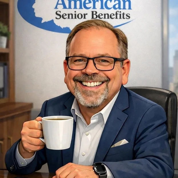 Ray Holley, Florida-licensed life insurance broker, at his desk in front of the North American Senior Benefits banner
